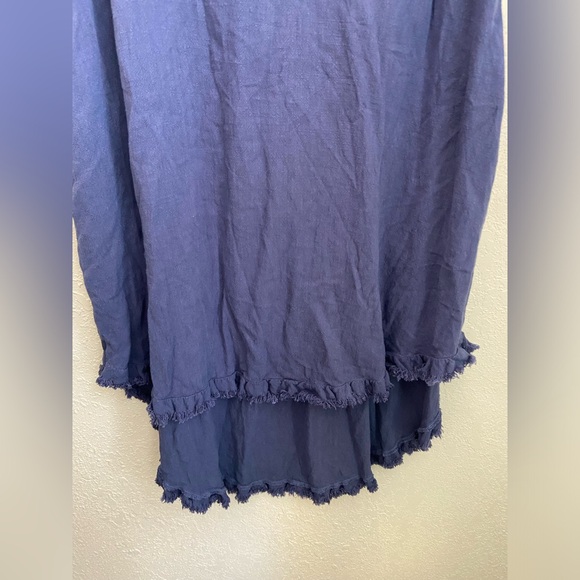 NWOT, Umgee Linen Blend Round Neck Navy Dress w Pockets Fringed Assymetrical Hem - Picture 5 of 13